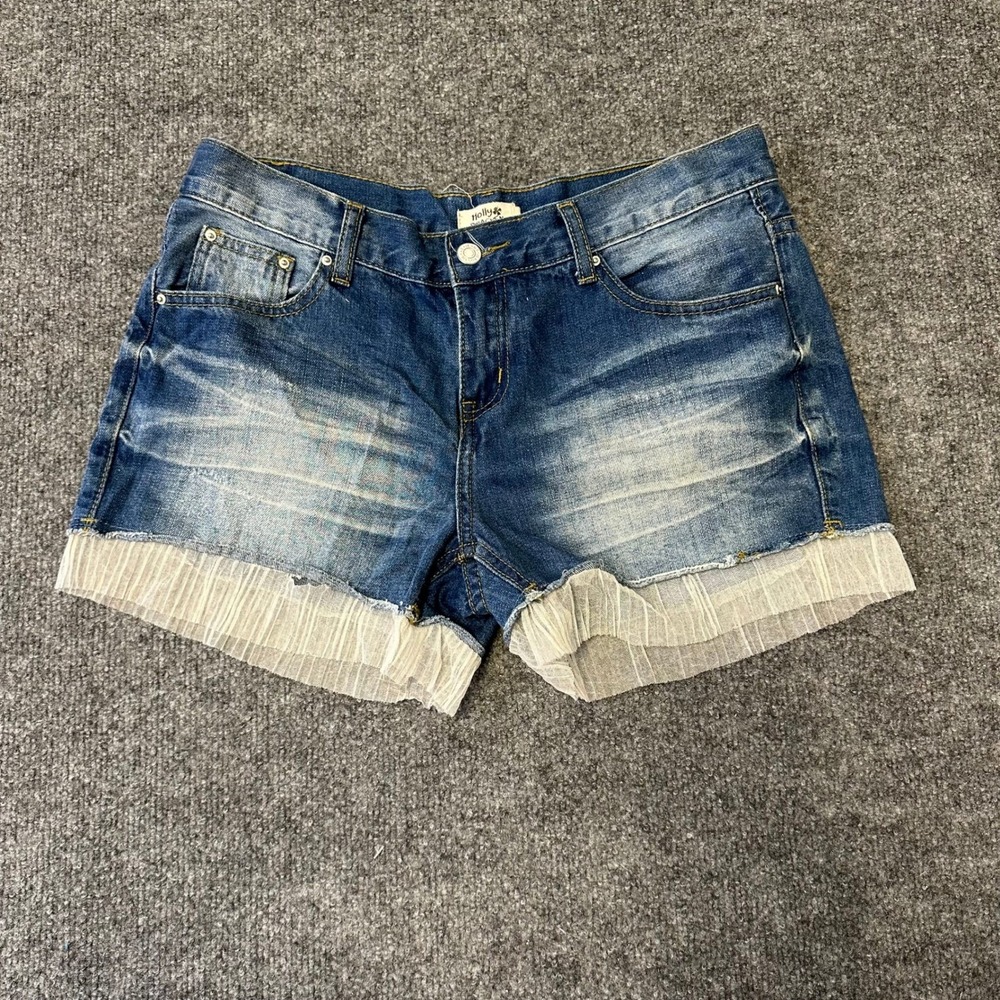 Holly Bracken Shorts Womens Size M Blue Denim Tulle Trim Whiskered Casual Boho